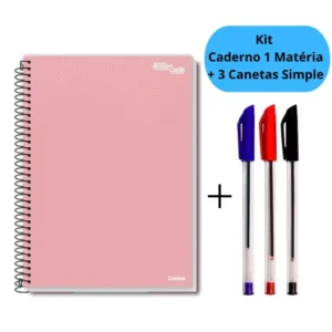 Kit Caderno Universitário 1 Matéria Preto ou Rosa com 80 Folhas + 3 Canetas Simple Espiral Escolar