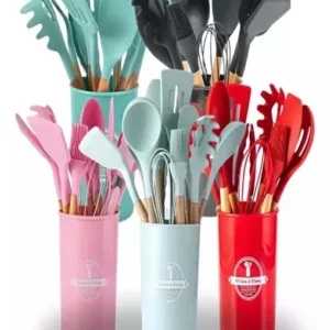 Kit 5/12 Jogo de Cozinha Silicone, Utensílios Suporte para Cozinheiro Cabo de Madeira MasterChef
