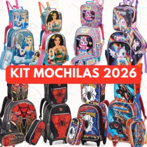 KIT Mochila Escolar de Rodinhas Costas com Estojo e Lancheira Personagens Alça Reforçada Confortável