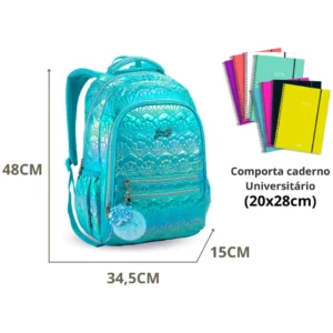 Mochila Denlex Escolar Juvenil Cor Azul Holográfica 25l Concha Costa 2025