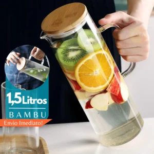 Jarra de Vidro 1,5L Borossilicato Tampa Bambu Transparente Linha Mesa Posta Jarra de Suco Geladeira